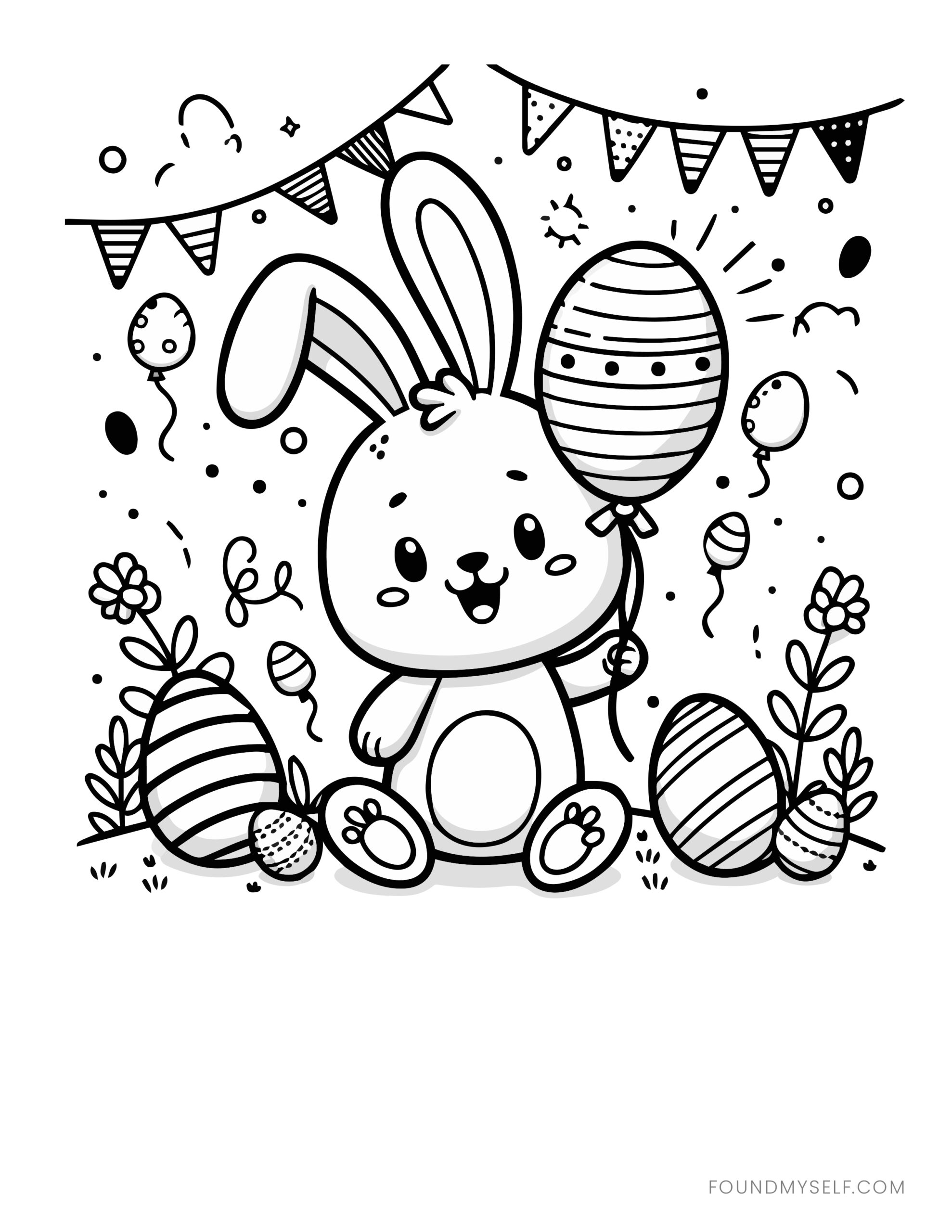 Easter coloring page featuring a smiling bunny holding a striped balloon, surrounded by decorated eggs, flowers, balloons, and bunting.