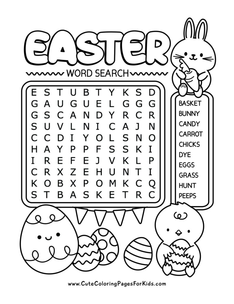 An Easter word-search worksheet with a large letter grid, a list of words including basket, bunny, candy, and eggs, and bunny and decorated-egg line art.