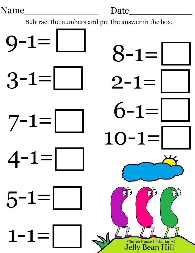 A subtraction worksheet asks children to subtract 1 from numbers 1 through 10 and write each answer in a box. A small illustration at the bottom shows three colorful characters on a grassy hill beneath a cloud and sun.