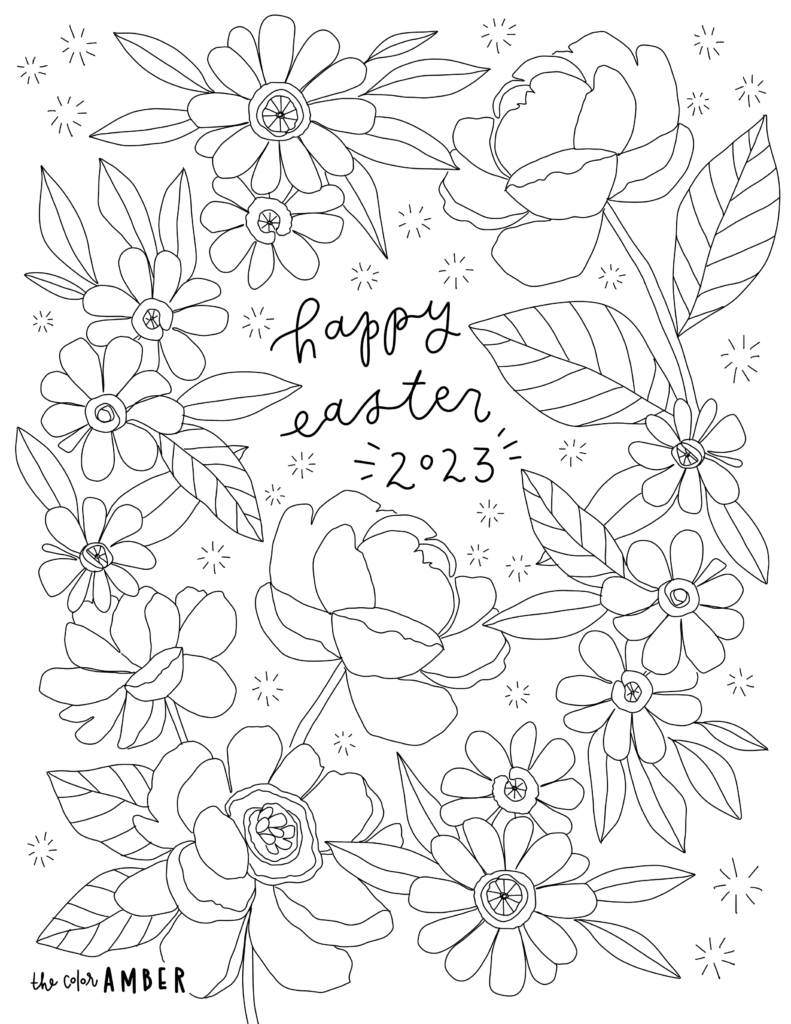 Black-and-white Easter coloring page with outlined flowers and leaves surrounding handwritten “happy easter 2023” lettering.
