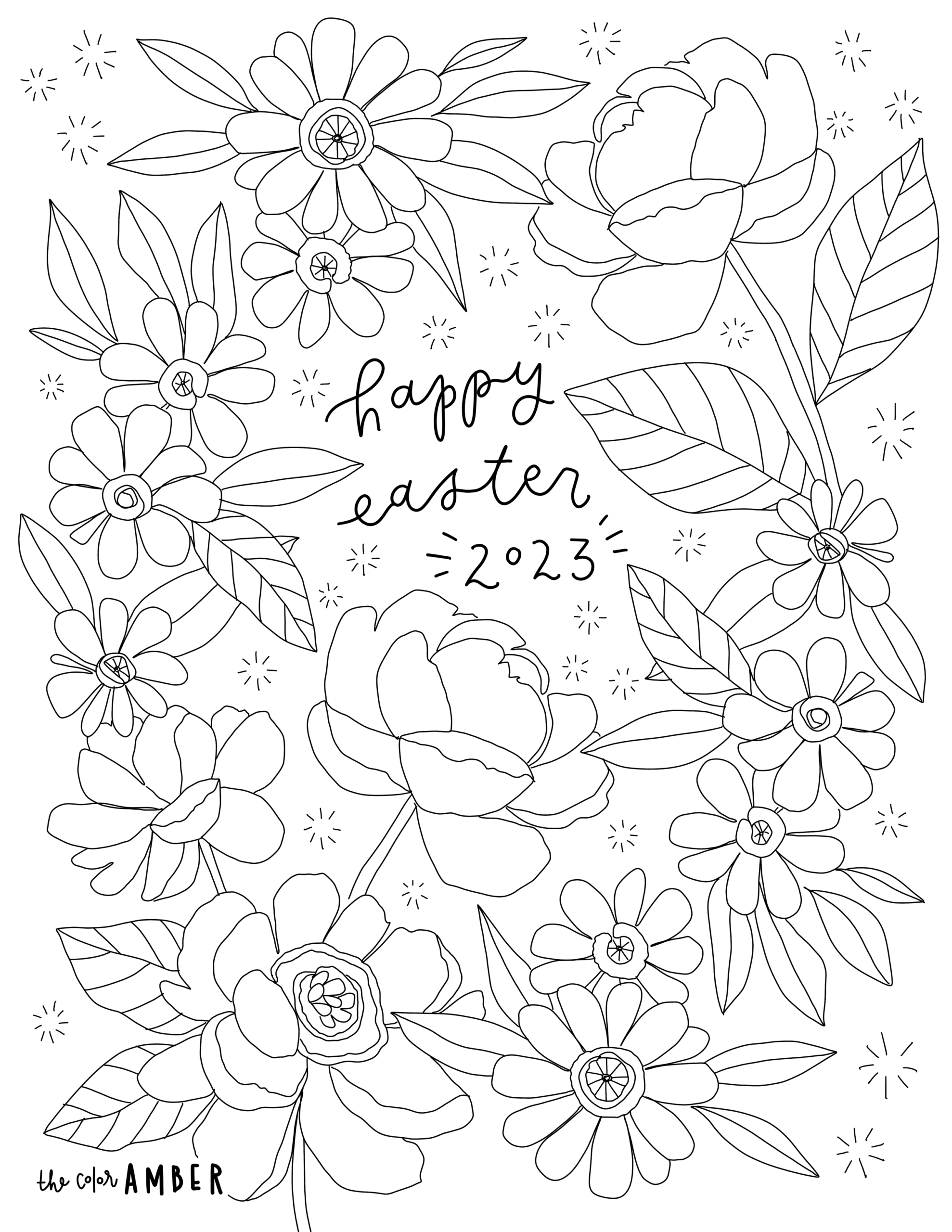 Black-and-white Easter coloring page with outlined flowers and leaves surrounding handwritten “happy easter 2023” lettering.