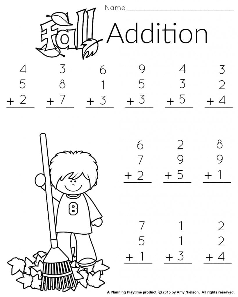 A first-grade addition worksheet with a name line, rows of single-digit addition problems, and a child holding a rake among leaves.
