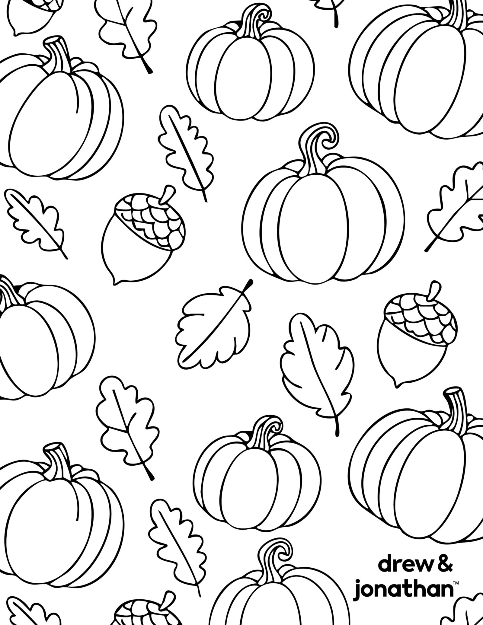 A black-and-white coloring page pattern of pumpkins, acorns, and autumn leaves, with a Drew & Jonathan logo at the bottom.