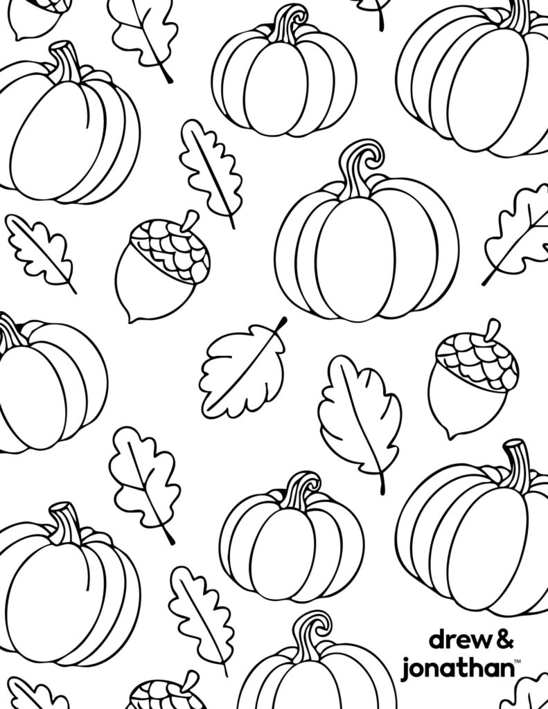 Black-and-white coloring page pattern of pumpkins, acorns, and autumn leaves.