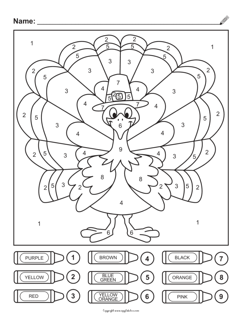 A turkey color-by-number worksheet with numbered feathers, wings, and body, plus a crayon color key at the bottom.