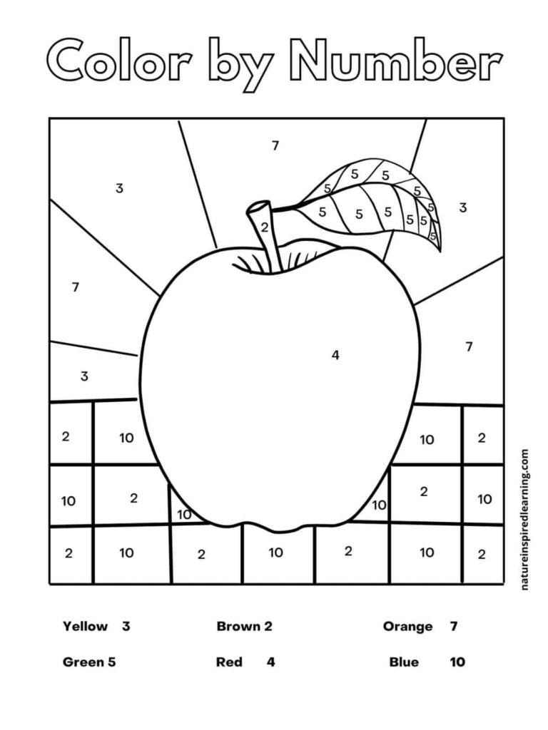 A color-by-number worksheet showing a large apple with a leaf and a tiled background. Numbered sections correspond to a key for yellow, green, brown, red, orange, and blue.