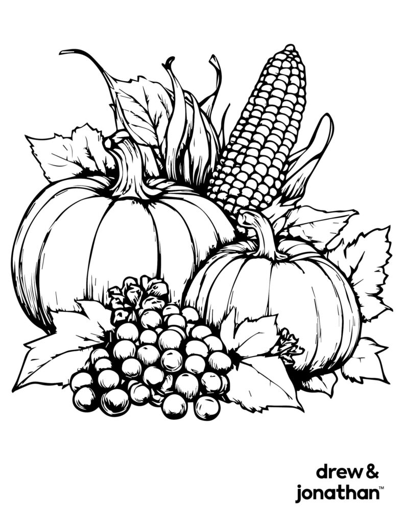 Black-and-white outline illustration of pumpkins, an ear of corn, grapes, and leaves, suitable for coloring.