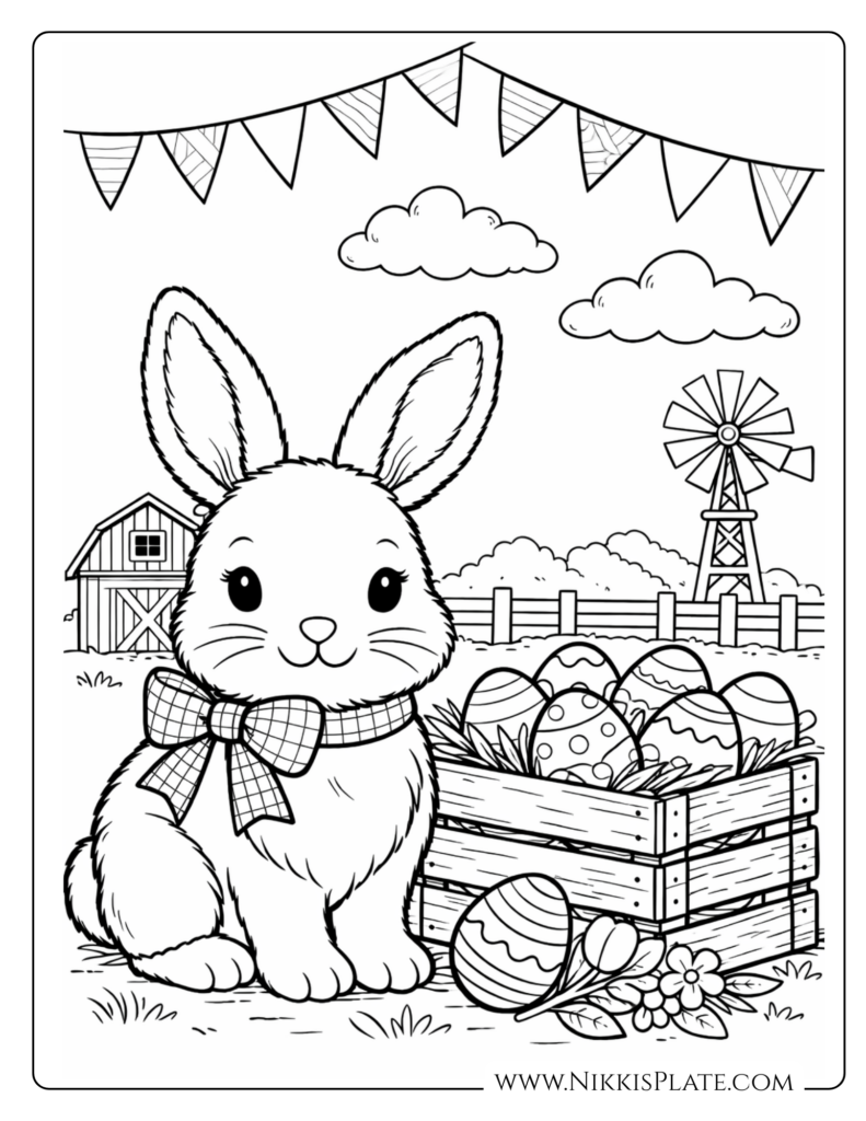 Black-and-white Easter coloring page showing a bow-wearing bunny beside a crate of decorated eggs, with a barn, windmill, bunting, and flowers.