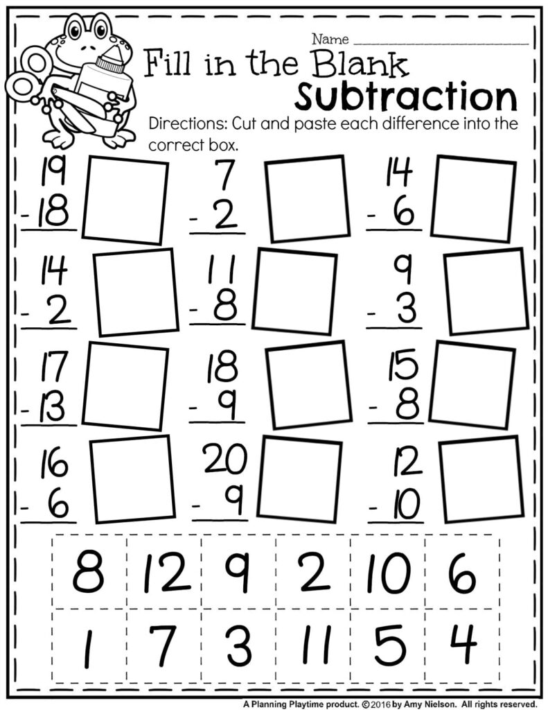 A fill-in-the-blank subtraction worksheet with twelve vertical subtraction problems, empty answer boxes, and a cut-and-paste grid of numbered answers.