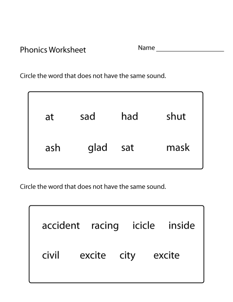 Phonics worksheet with two word groups; students circle the word that does not share the same sound.