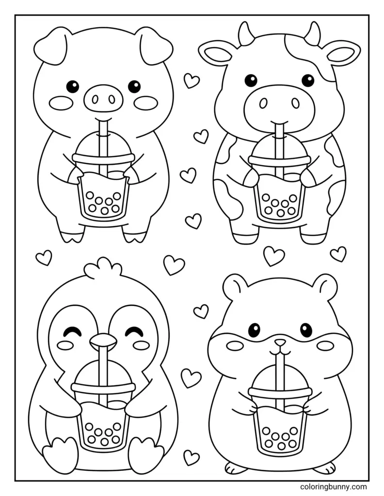 A coloring page with a pig, cow, penguin, and hamster holding bubble tea, surrounded by small hearts.