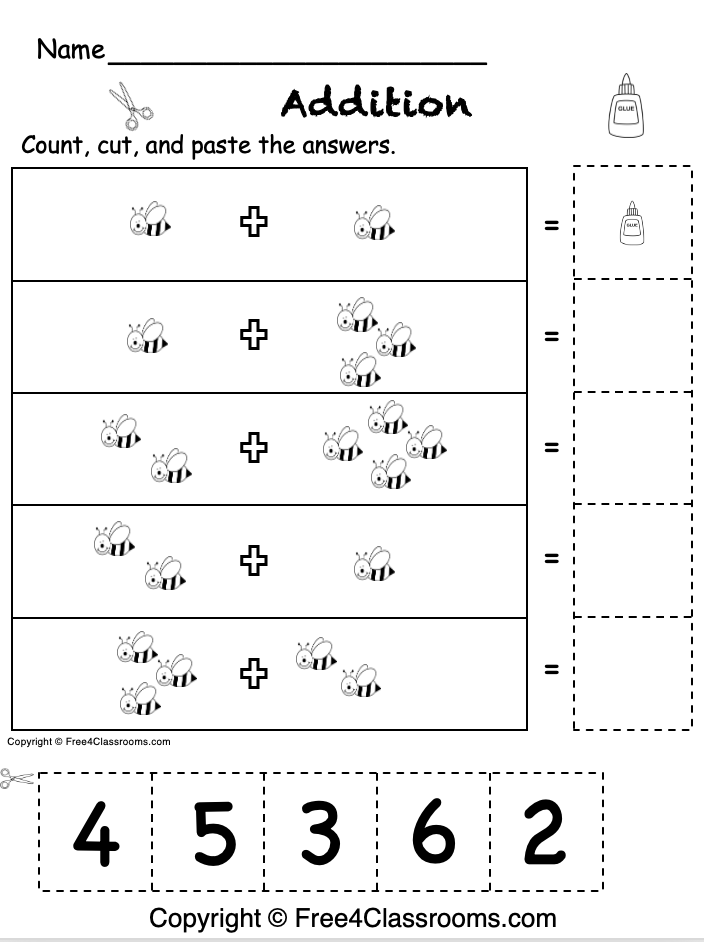 Addition worksheet: count the bees in each row, add them, and cut and paste the numbered answers into the boxes.