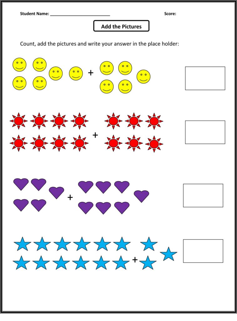 A counting worksheet titled “Add the Pictures,” with addition problems using smiley faces, suns, hearts, and stars, each followed by a blank answer box.