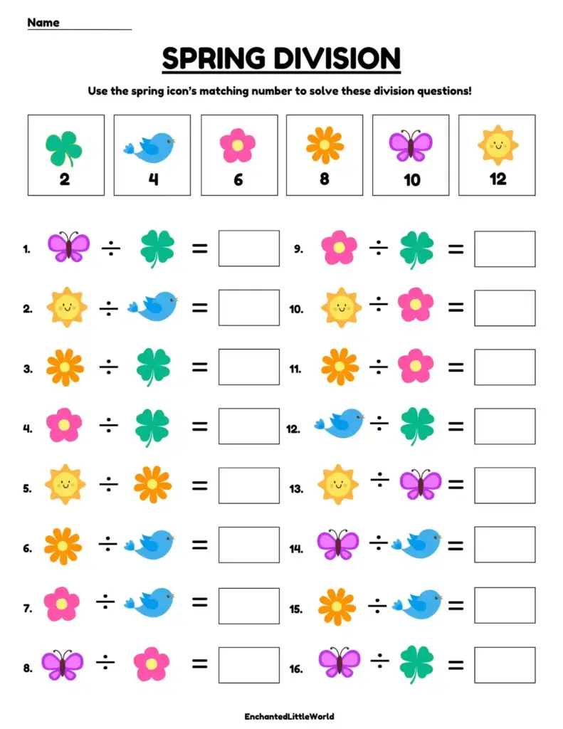 Spring division worksheet with a key assigning numbers to spring icons, followed by 16 division problems using those icons and blank answer boxes.