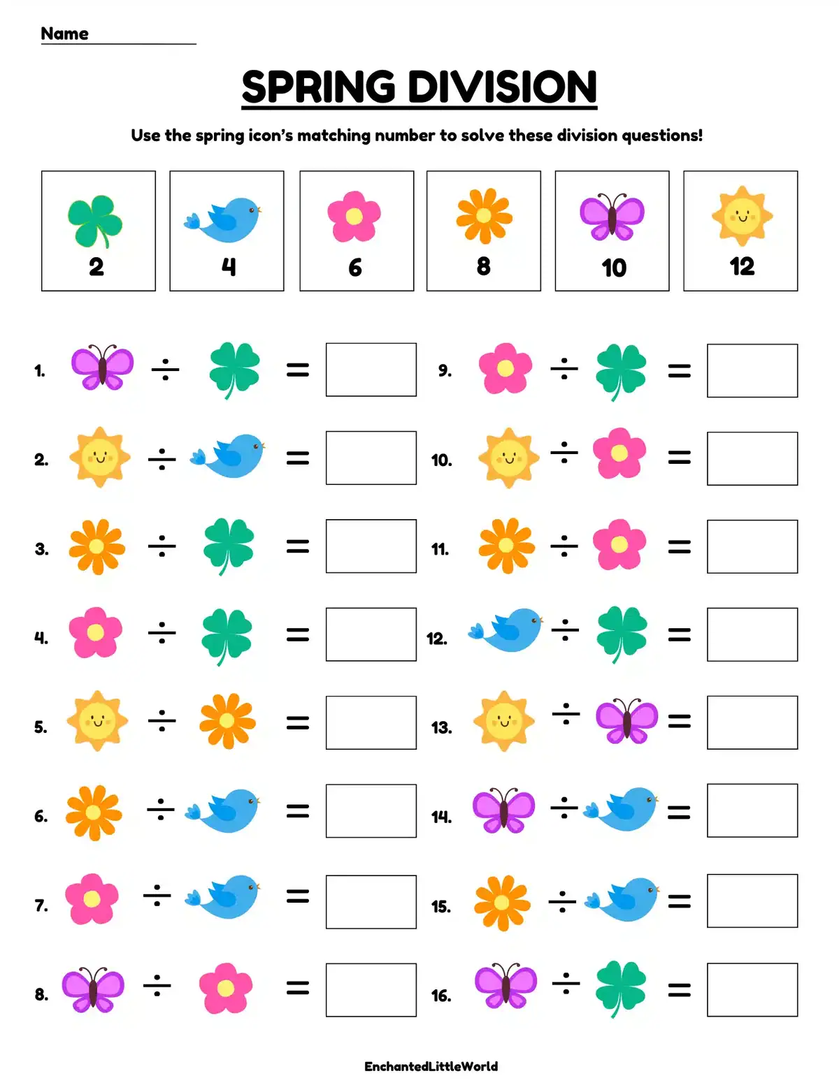 Spring division worksheet with a key assigning numbers to spring icons, followed by 16 division problems using those icons and blank answer boxes.