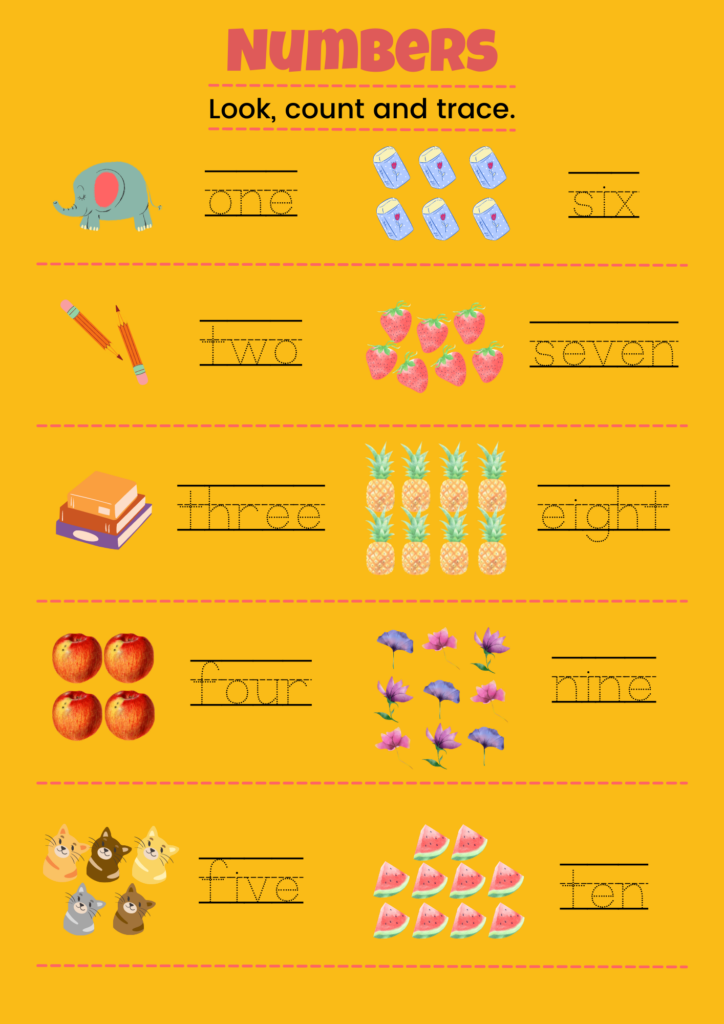 A bright counting worksheet titled “Numbers” asks children to look, count, and trace number words from one to ten, paired with pictures of objects such as an elephant, strawberries, pineapples, apples, cats, and watermelon.