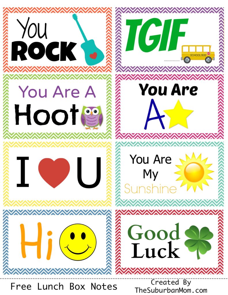 A printable sheet of eight lunch box notes with messages such as “You Rock,” “You Are A Hoot,” “I Love You,” and “Good Luck,” decorated with a guitar, owl, star, sun, smiley face, and clover.