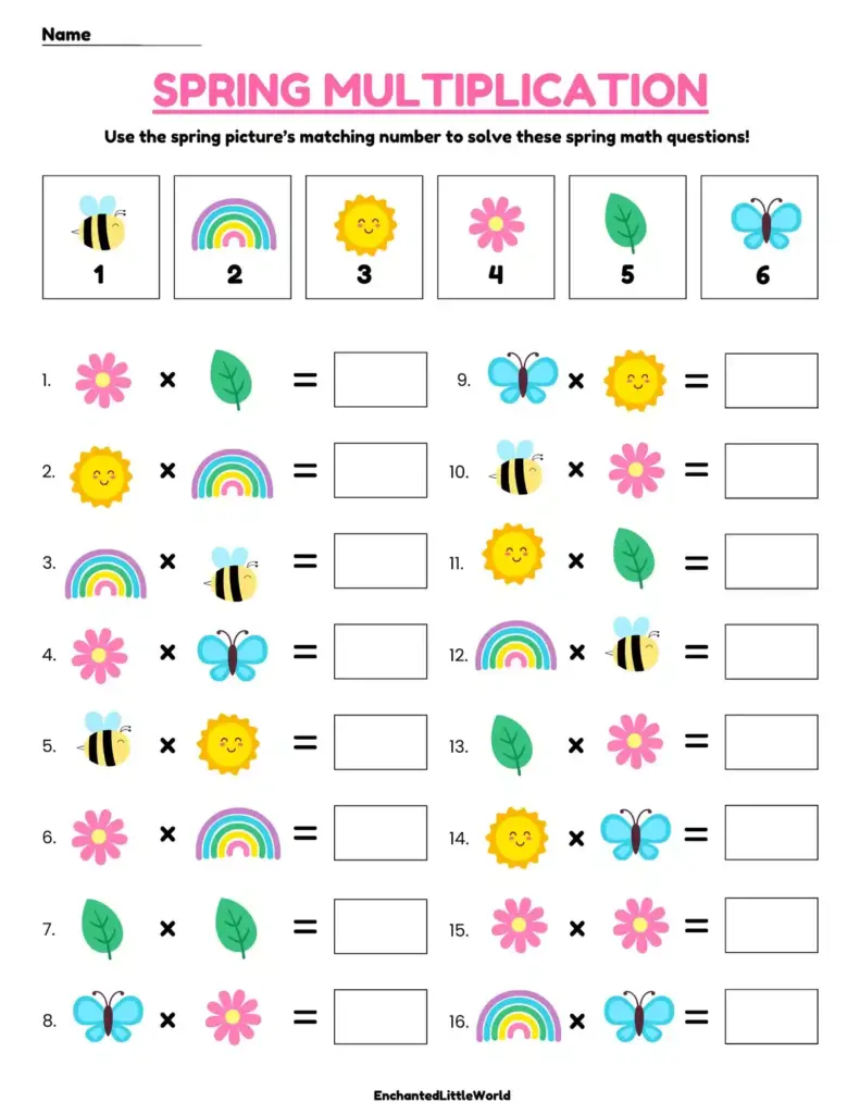 Spring multiplication worksheet: students use numbered pictures of a bee, rainbow, sun, flower, leaf, and butterfly to solve 16 multiplication problems.