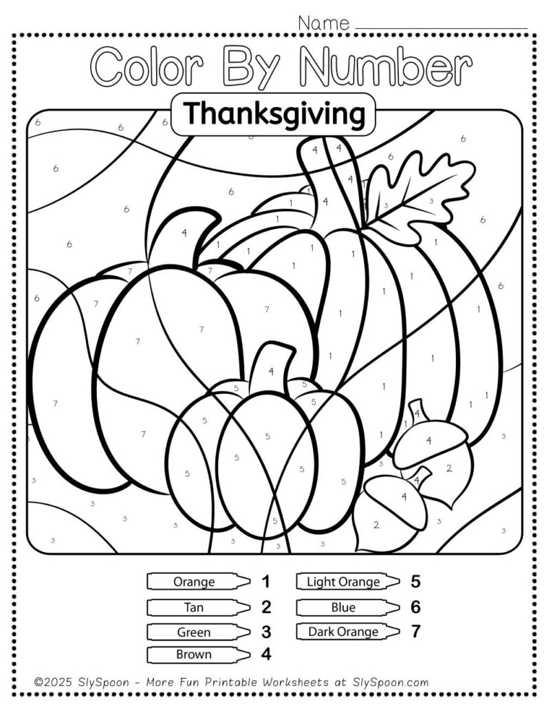 Thanksgiving color-by-number worksheet featuring a large turkey, pumpkins, and acorns, with numbered sections and a color key.