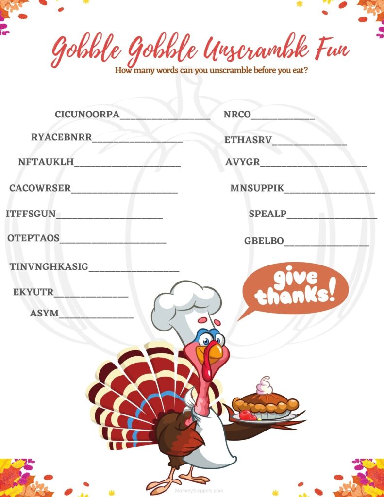 Thanksgiving word-unscramble worksheet with scrambled-word prompts, blank answer lines, and a cartoon turkey carrying a pie.