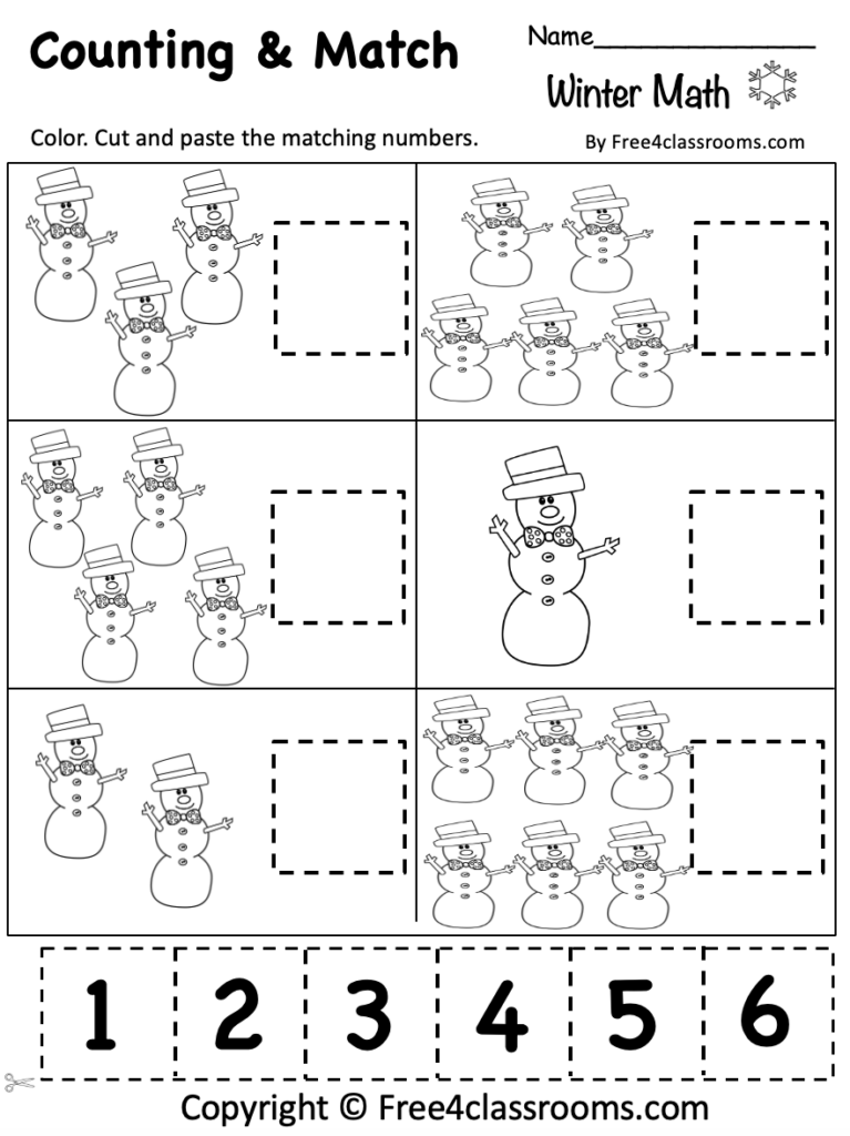 Winter math worksheet with six snowman-counting groups, dashed answer boxes, and cut-out number cards from 1 to 6.