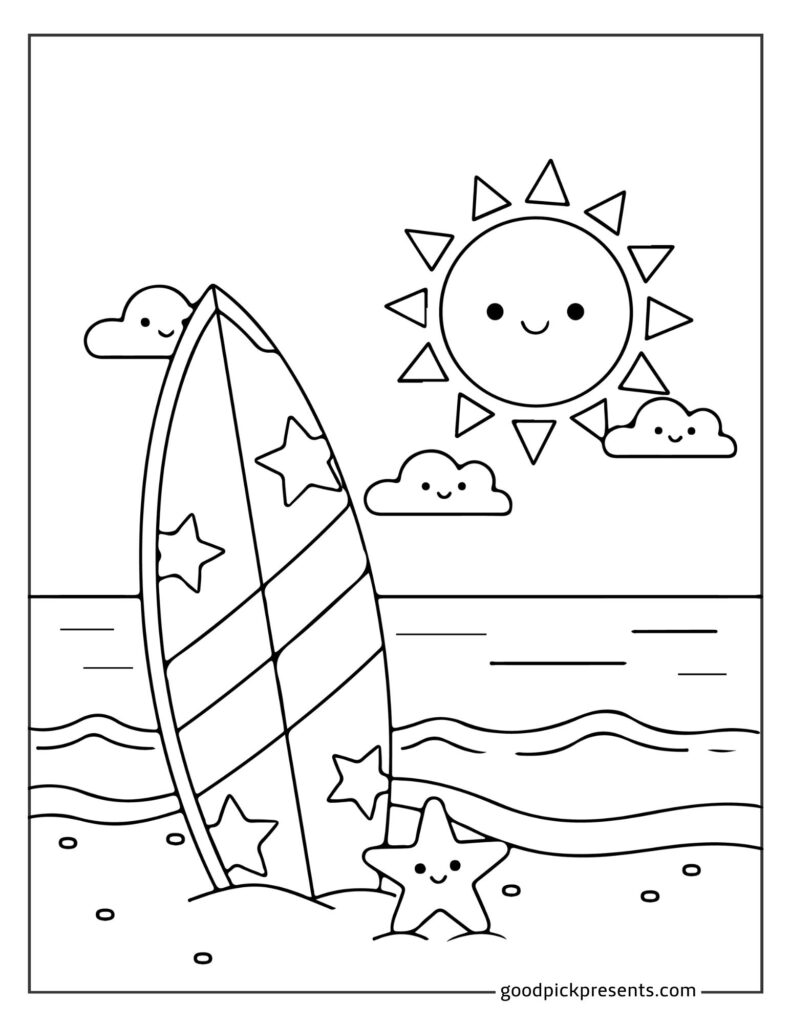 Summer beach coloring page featuring a striped surfboard with stars, a smiling sun and clouds, rolling waves, and a starfish on the sand.