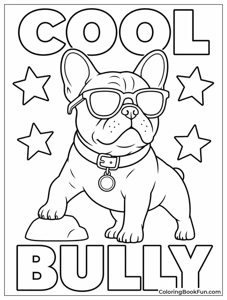 Coloring-page outline of a French bulldog wearing sunglasses and a collar with a round tag, standing on a rock among stars. The words “COOL BULLY” appear above and below the dog.