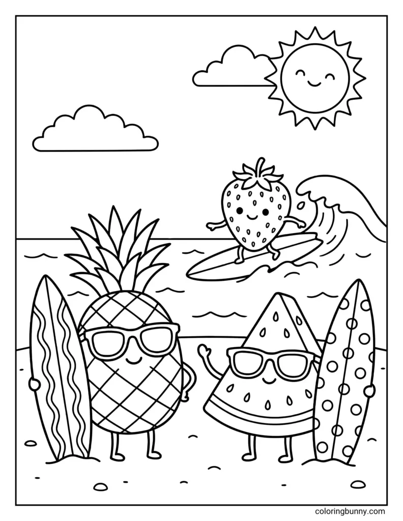 Summer beach coloring page showing smiling pineapple and watermelon characters wearing sunglasses beside surfboards, with a strawberry surfing in the waves under a sun and clouds.
