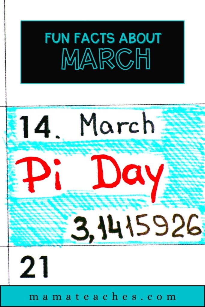 A March facts page highlights March 14 as Pi Day, with the digits 3.1415926 written below in red and black on a turquoise background.