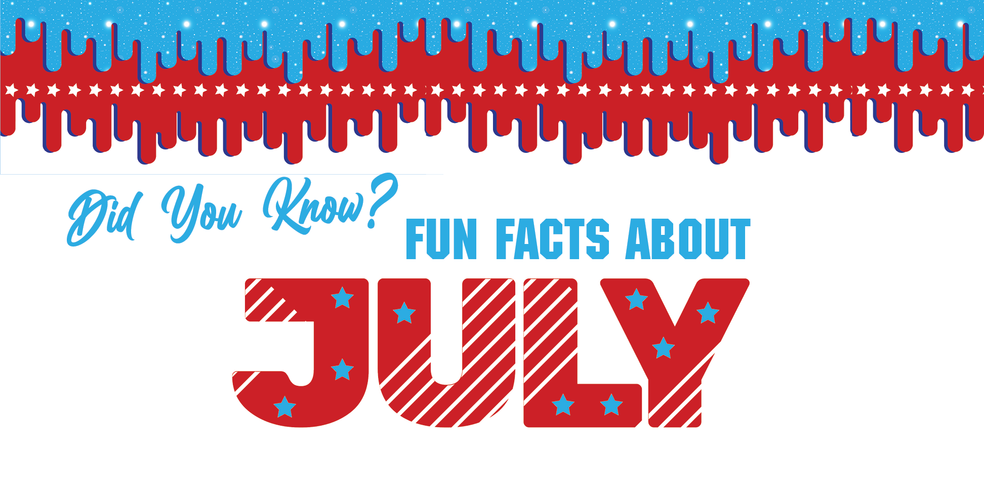 A festive graphic reads “Did You Know? Fun Facts About July,” with large red letters decorated with blue stars and stripes beneath a red, white, and blue dripping border.