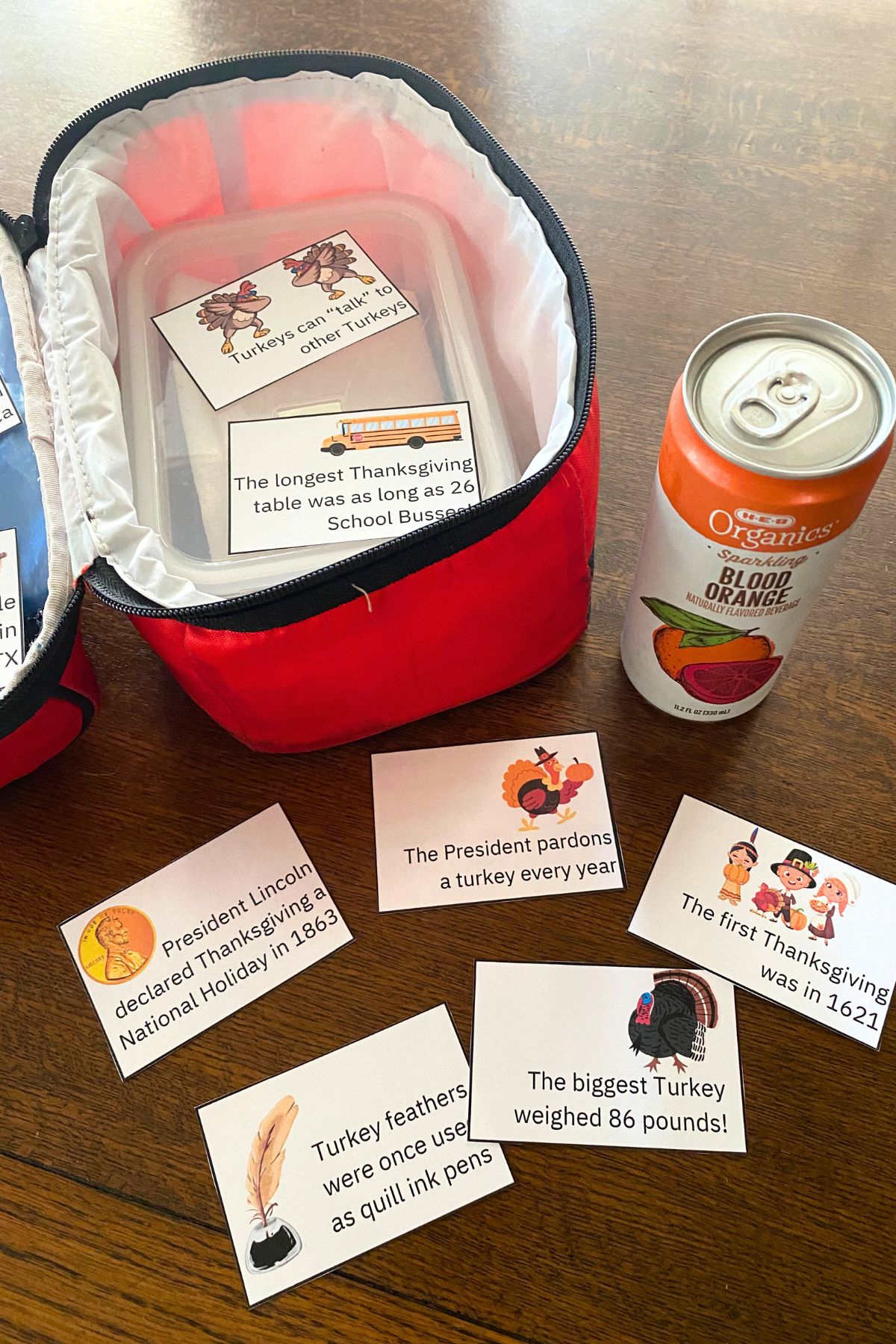 Illustrated Thanksgiving fact cards about turkeys, Lincoln’s Thanksgiving proclamation, the first Thanksgiving, and other holiday trivia are arranged on a table beside a lunch bag and drink can.