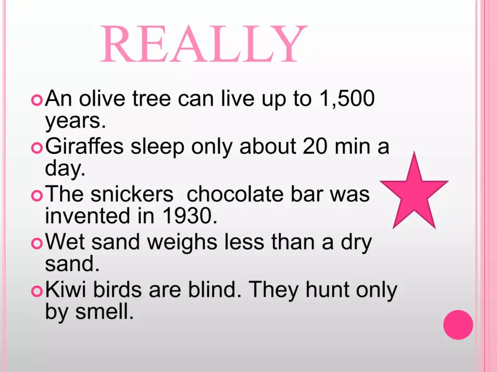 A pink-and-white graphic headed “REALLY” lists five facts about olive trees, giraffes, Snickers, wet sand, and kiwi birds, with a pink star and circular accent.