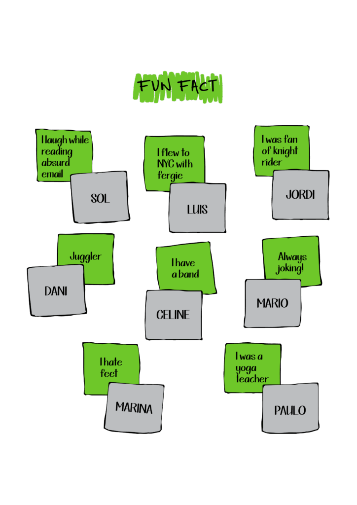 A “Fun Fact” activity page pairs green fact cards with gray name cards, including facts about reading absurd email, juggling, having a band, and teaching yoga.