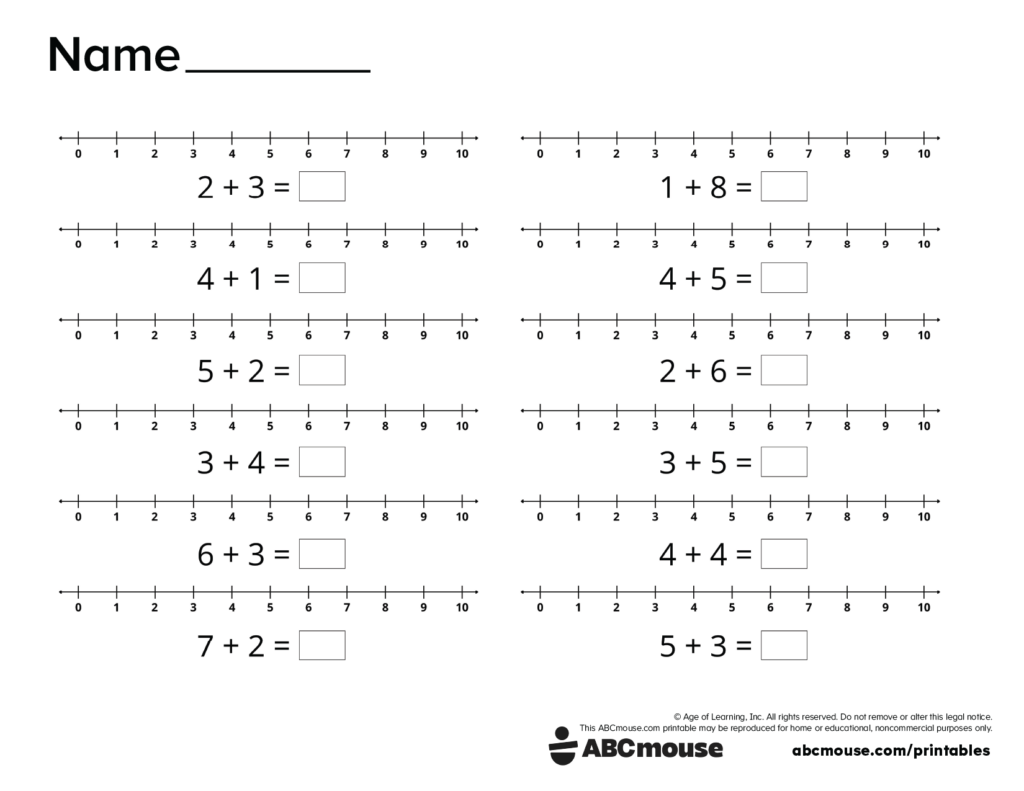 Addition worksheet with two columns of equations and numbered 0–10 number lines for solving each problem.
