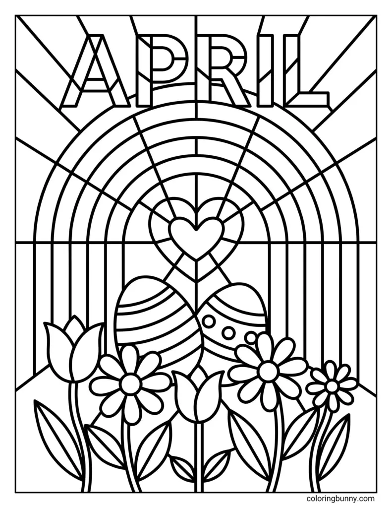 April coloring page with outlined letters above a rainbow, two decorated eggs, and several flowers.