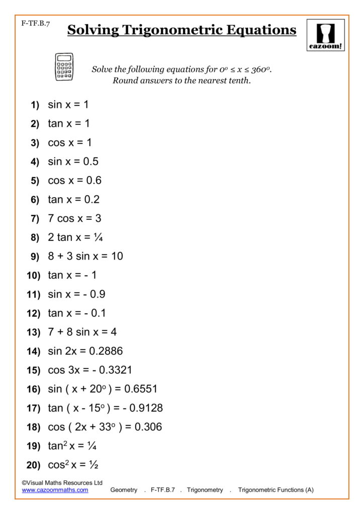 A trigonometry worksheet titled “Solving Trigonometric Equations,” with 20 numbered equations to solve for x from 0° to 360° and round to the nearest tenth.