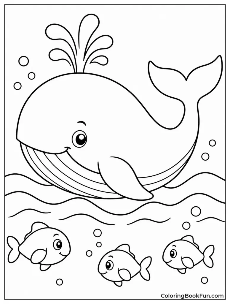 Black-and-white coloring page showing a large whale spouting water above three small fish, with bubbles and waves.