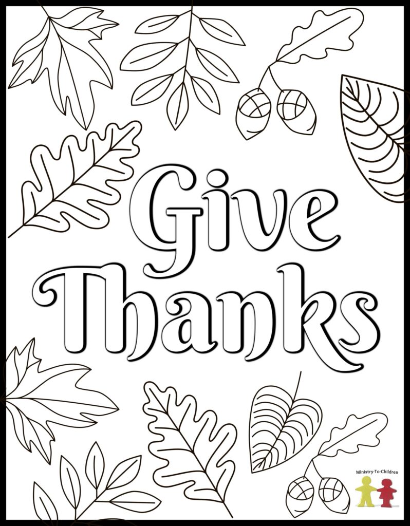 Thanksgiving coloring page with large “Give Thanks” lettering surrounded by outlined autumn leaves and acorns.
