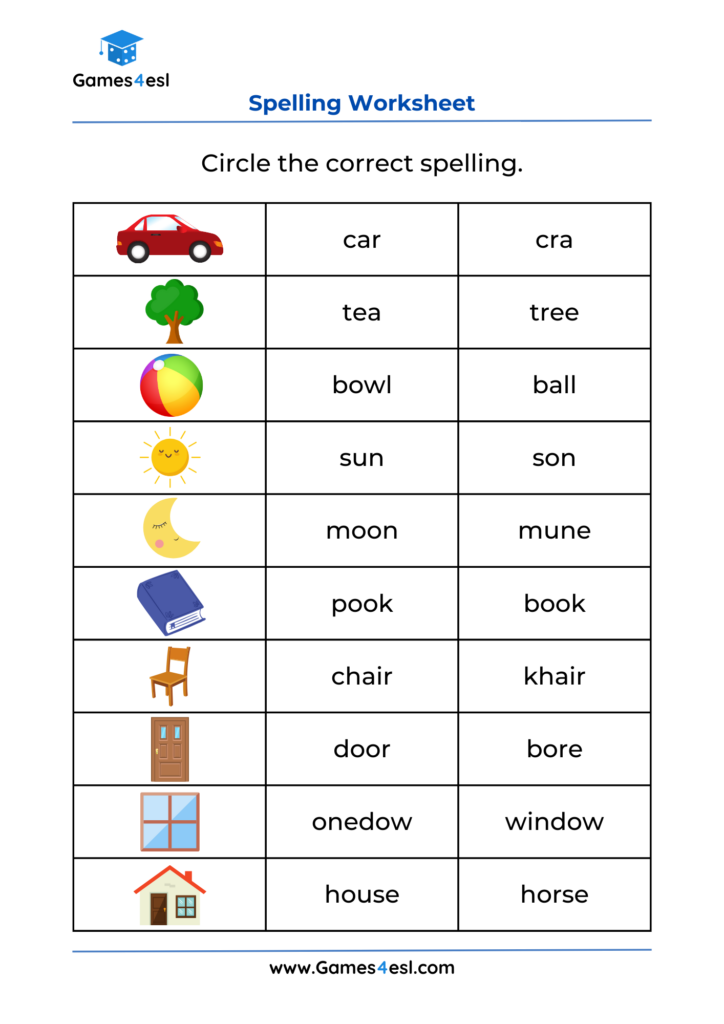 Spelling worksheet asking students to circle the correct spelling for pictured items, including a car, tree, ball, sun, moon, book, chair, door, window, and house.