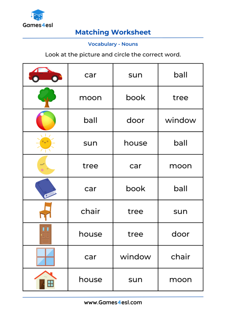 A vocabulary matching worksheet shows pictures of a car, tree, beach ball, sun, moon, book, chair, door, window, and house, each beside three word choices.