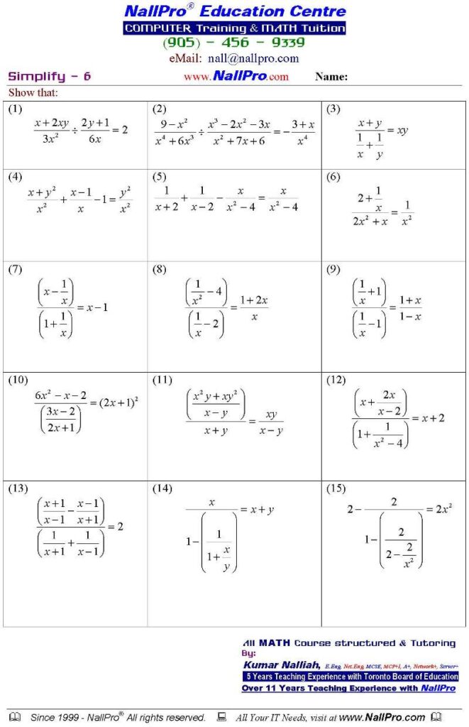 A worksheet with fifteen numbered algebra problems on simplifying rational expressions, arranged in a three-column grid.