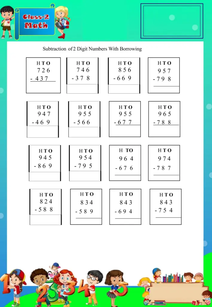 A Class 2 worksheet titled “Subtraction of 2 Digit Numbers With Borrowing,” showing a grid of subtraction exercises with place-value headings H, T, and O.