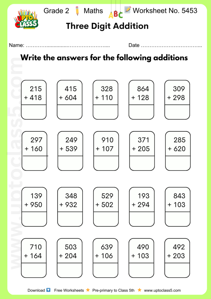 Grade 2 three-digit addition worksheet with rows of vertical addition problems and blank answer boxes.