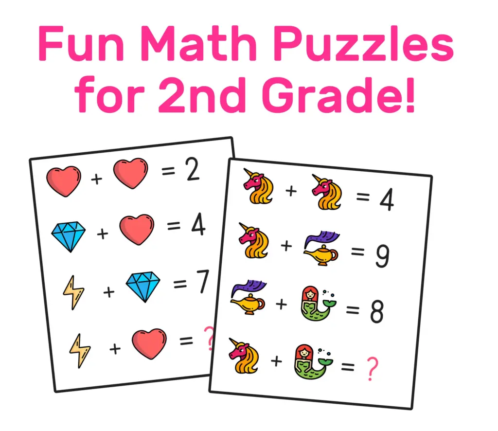 Two illustrated math puzzle sheets show picture equations with hearts, diamonds, lightning bolts, unicorns, and mermaids, ending with questions to solve.