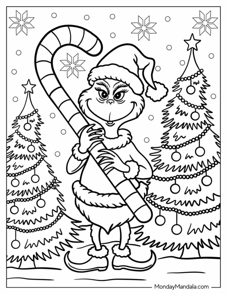 A Grinch-like character holds a large striped candy cane among decorated Christmas trees, snowflakes, and falling snow.