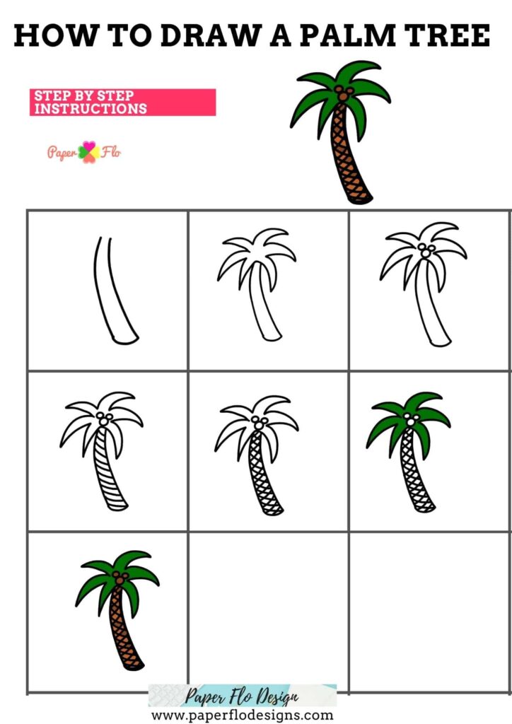 A step-by-step palm tree drawing worksheet, with successive outline stages in a grid and a finished colored palm tree at the top.