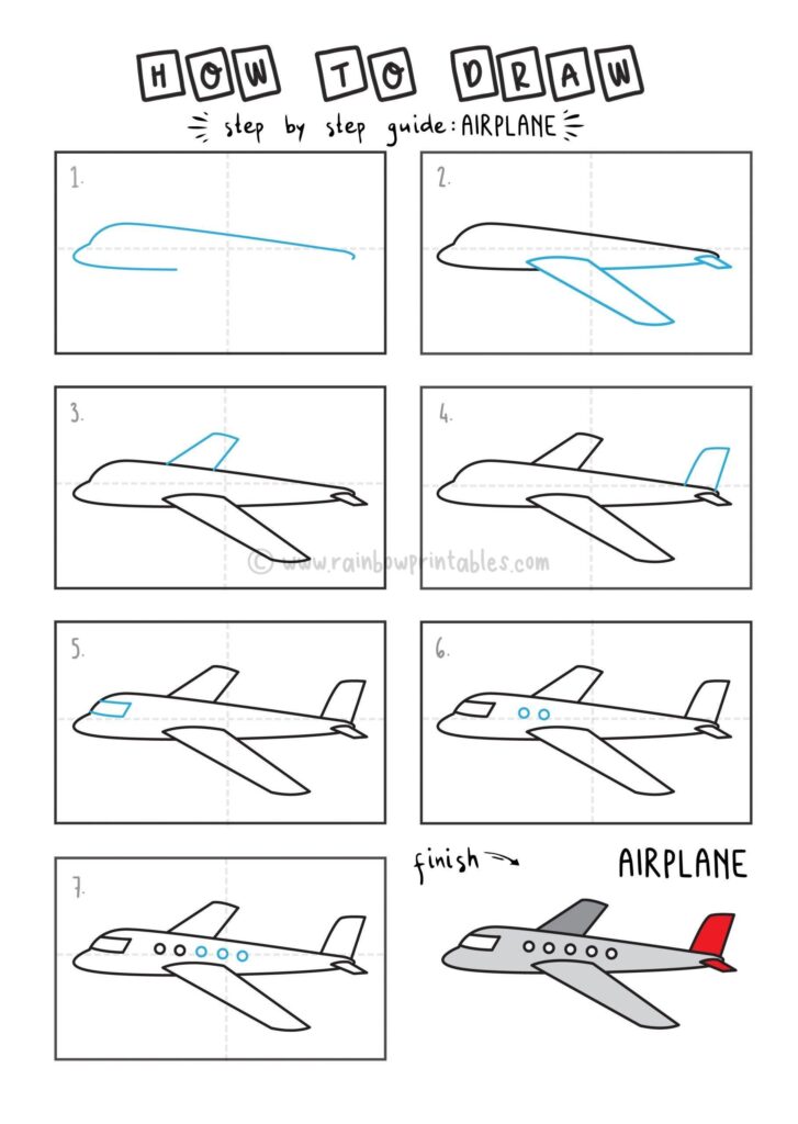 A step-by-step worksheet shows how to draw an airplane, from its outline and wings to windows and a colored finished example.