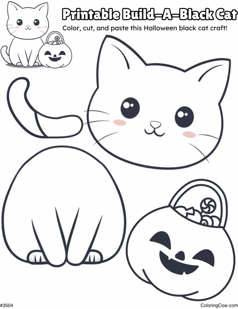 Halloween printable showing a large cat head, curled tail, and seated cat beside a jack-o’-lantern candy bucket, with a small colored example at the top.
