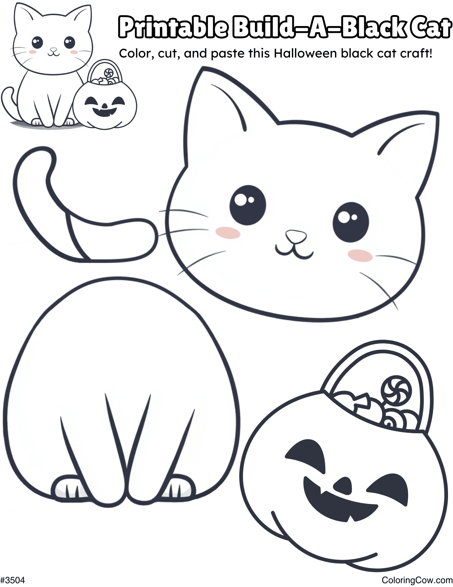 Halloween cat craft coloring page with separate cat head, tail, seated body, and jack-o'-lantern pieces to color, cut, and paste.