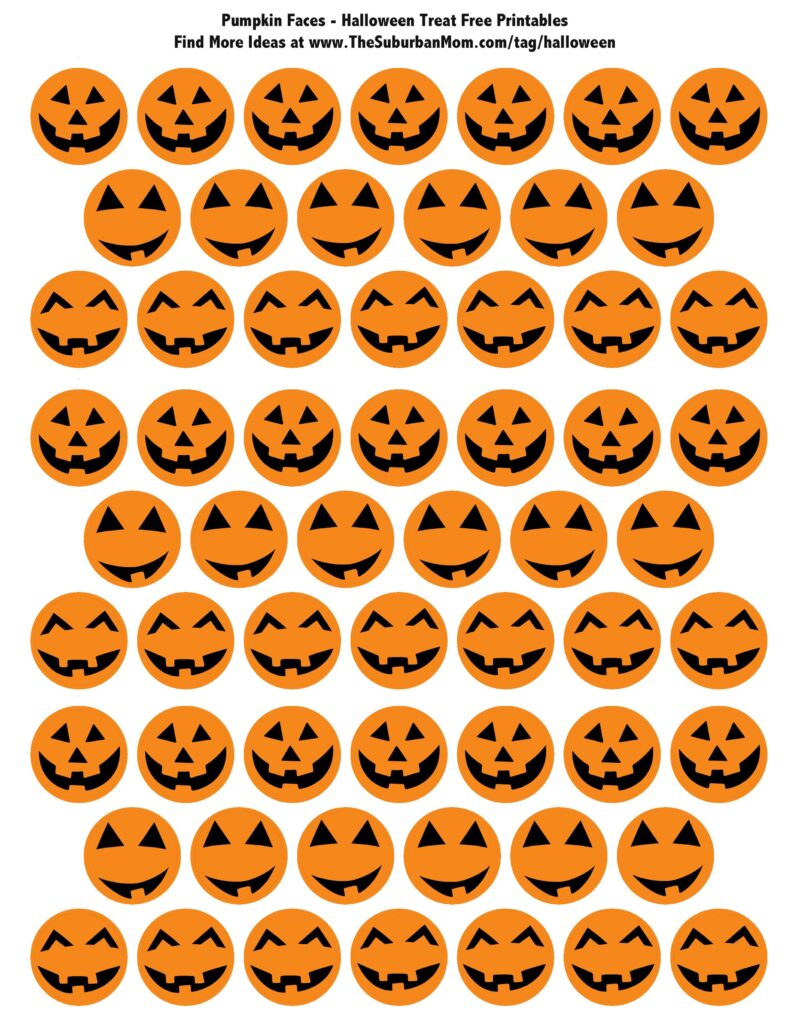 Printable sheet with rows of orange jack-o'-lantern faces in three different expressions: triangular-eyed, smiling, and toothy.